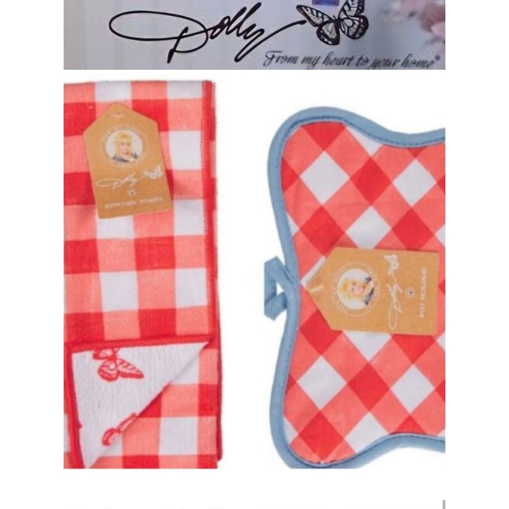 Dolly Parton Checkered Kitchen Towel and Pot Holder Set